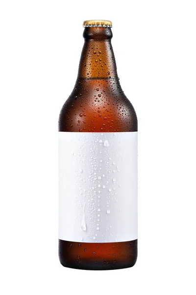 600ml brown beer beer bottle with drops isolated without shadow on a white background.