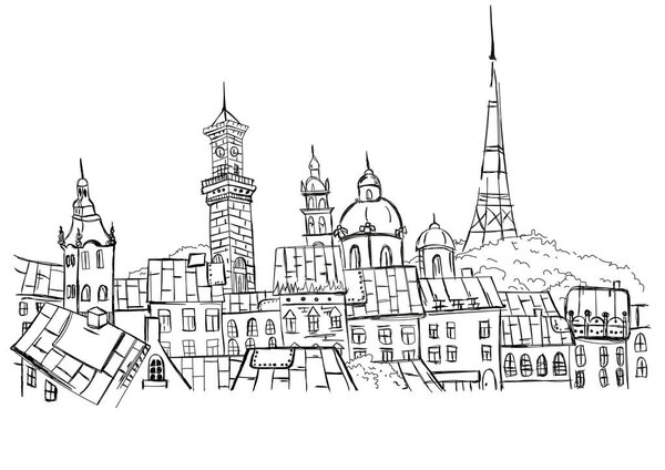 Vector sketch of street scene in Lviv, Ukraine.