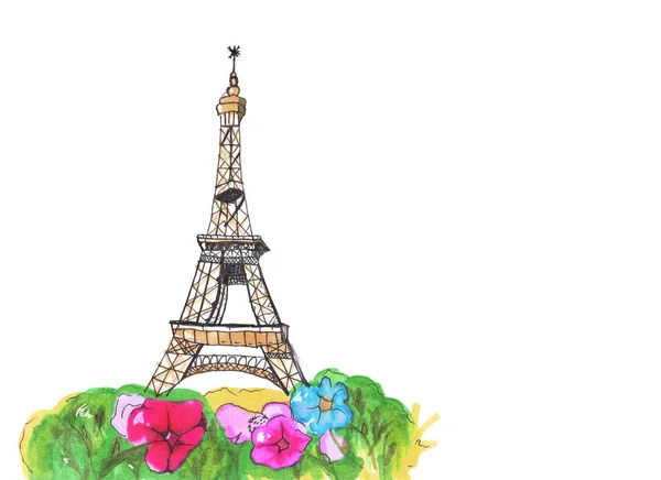 Eiffel Tower with flowers sketch drawn Black Silhouette Illustration — Stock Photo, Image