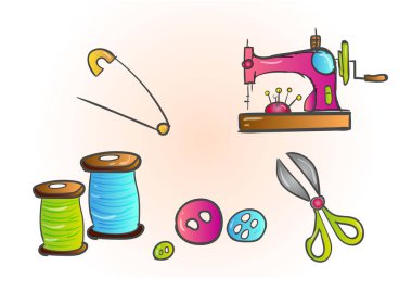 Terzilik araçları terzi moda tasarımcısı iğne dikiş makinesi dikiş makinesi dikişsiz makas, iplik, haberdashery desen vektör. Dikişsiz el çizilmiş arka plan terzi