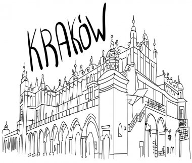Krakow Polonya'da şehir meydanı. Siyah beyaz vektör çizimi