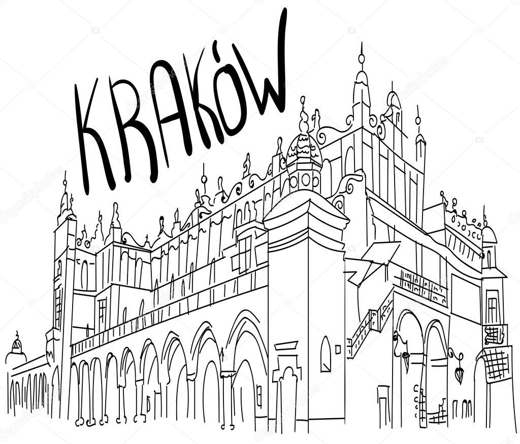 The town square in Krakow Poland. Black and white vector sketch