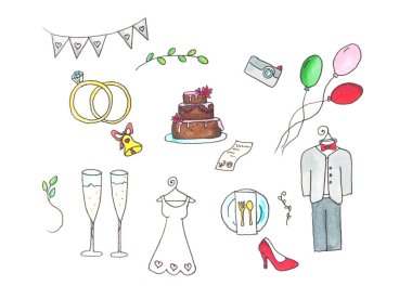 Doodle düğün seti el çizilmiş illüstrasyon