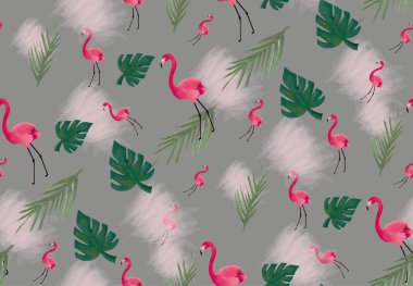 Tropikal palmiye yaprakları, flamingo, ebegümeci ile güzel sorunsuz çiçek yaz desen arka plan. Duvar kağıtları, web sayfası arka planlar, yüzey dokuları, tekstil için mükemmel.