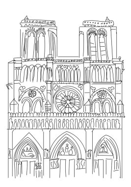 Notre Dame de Paris Katedrali, Fransa. Fransız seyahat dönüm noktası el çizim kroki vektör illüstrasyon.