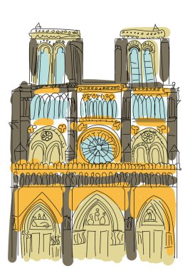 Notre Dame de Paris Katedrali, Fransa. Fransız seyahat dönüm noktası el çizim kroki vektör illüstrasyon.