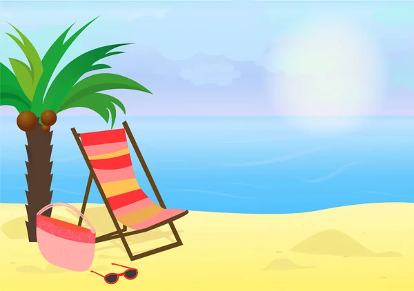 Paisagem tropical. Palmeiras e plantas tropicais. A paisagem marinha. Cadeira de praia na praia . — Vetor de Stock