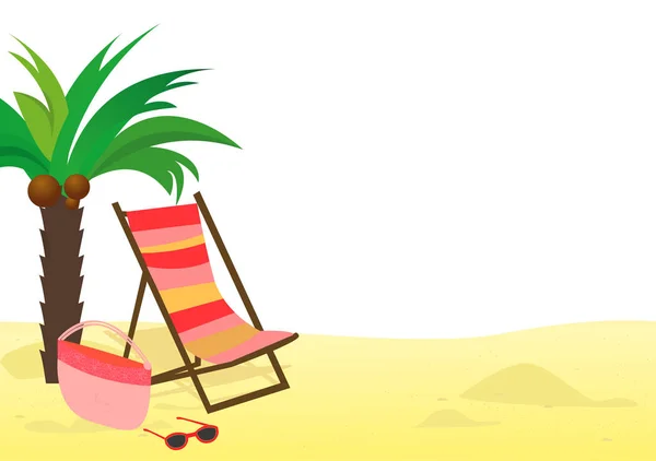 热带景观。棕榈树和热带植物。海景。海滩上的沙滩椅. — 图库矢量图片