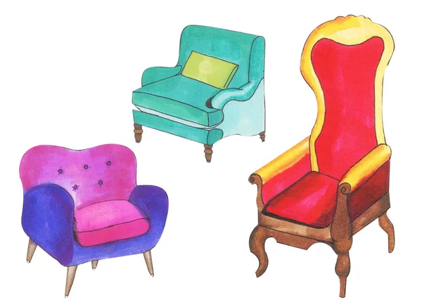 graphic set of hand drawn accent chairs. Accent chair design styles. Vintage colors, ink drawing. Beautiful design elements, perfect for any business related to the furniture industry.
