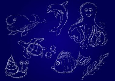 Beyaz bir arka plan üzerinde kroki deniz hayvanları ayarlayın. Vektör çizimi.