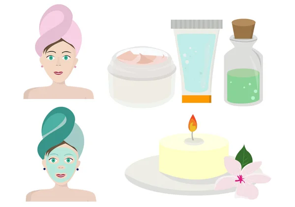 Beauty and cosmetics icon set with beautiful young adult woman, holding hand near face on white background. SPA and massage healthy lifestyle symbols for people's hair, skin and body care.