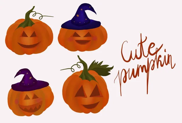 Zestaw Cute Dyni Projektowania Kart Halloweenowych — Zdjęcie stockowe