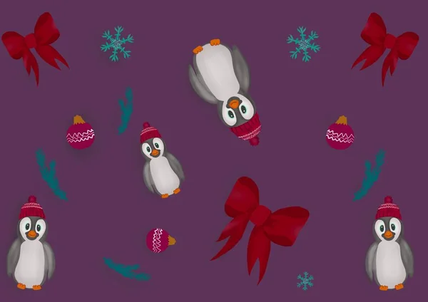 펭귄 과 상징들, 아이콘 요소들로 장식된 크리스마스 장식 세트 — 스톡 사진