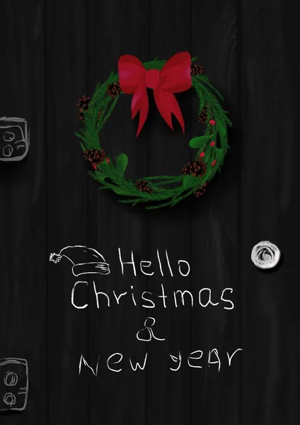 black door with christmas wreath with lettering hello christmas