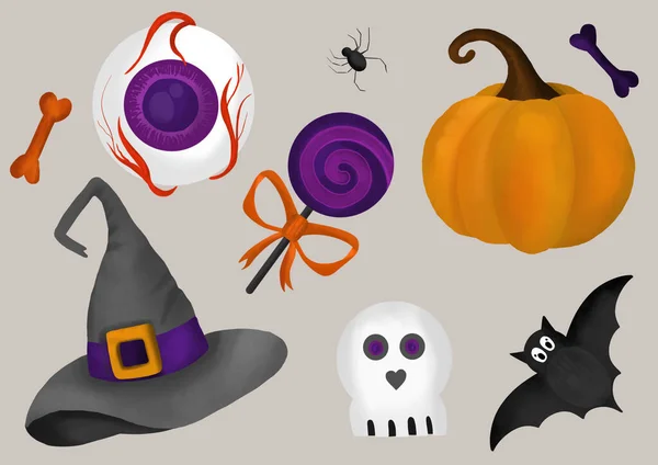 Halloween set of cute elements, objects and icons for your design in a cartoon style, isolated on a white background. , flat.