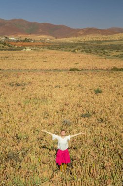 Kollarını açarak ve aloe vera Fuerteventura, Kanarya Adaları, İspanya alan gökyüzünde isteyen olan mutlu kadın.