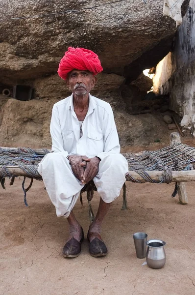 Godwar Region Indien Februari 2015 Äldre Rabari Tribesman Med Stor — Stockfoto