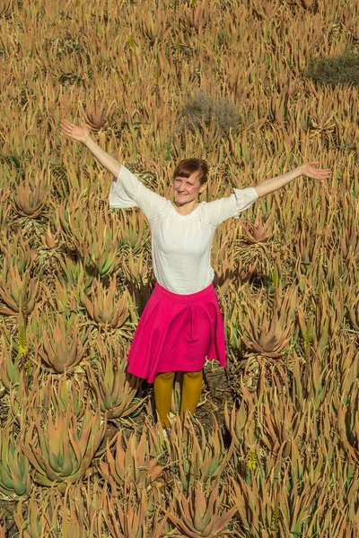 Young Happy Woman Standing Open Arms Aloe Vera Field Fuerteventura — Stock Photo, Image