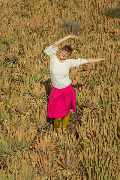 Young Happy Woman Standing Open Arms Aloe Vera Field Fuerteventura — Stock Photo, Image