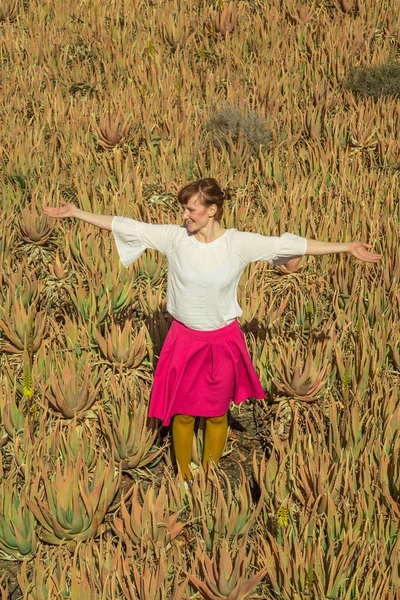 Young Happy Woman Standing Open Arms Aloe Vera Field Fuerteventura — Stock Photo, Image