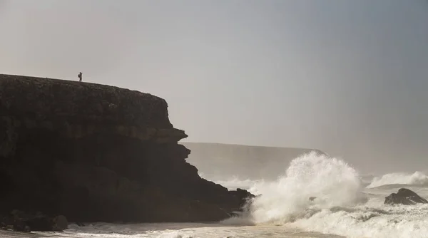 Person Standing Cliff Ajuy Fuerteventura Canary Islands Spain — Stock Photo, Image