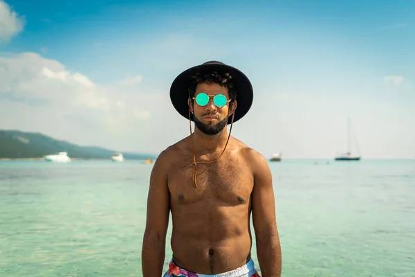 Close Portrait African American Man Standing Sea Topless Glasses Reflecting — Stock Photo, Image