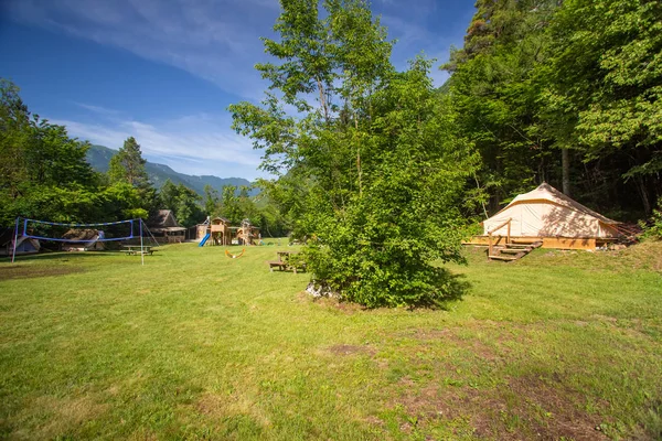 Family tent in Adrenaline Check eco resort in Slovenia.