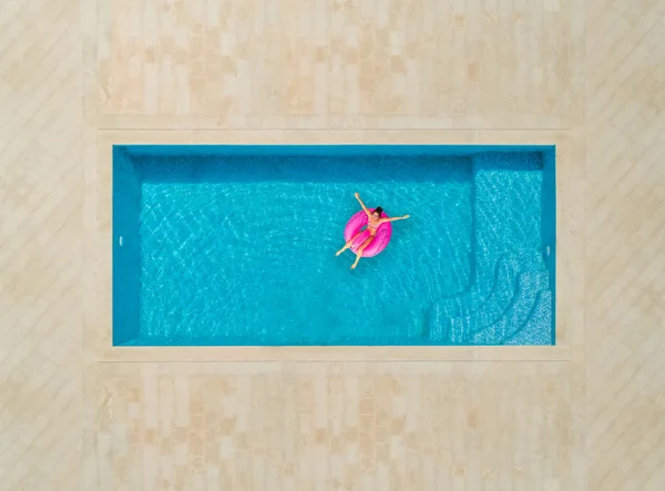 Aerial View Woman Inflatable Flamingo Mattress Swimming Pool — Stock Photo, Image