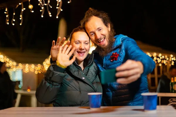 Par Gör Videochatt Traditionella Julmarknad Zagreb Kroatien — Stockfoto