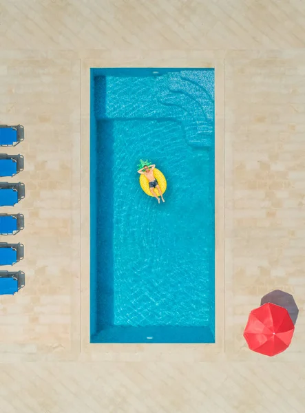 Aerial View Man Pineapple Shaped Inflatable Mattress Swimming Pool Surrounded — Stock Photo, Image