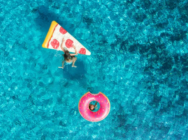 Aerial View Two Young Girls Swimming Playing Sea Inflatables — Stock Photo, Image