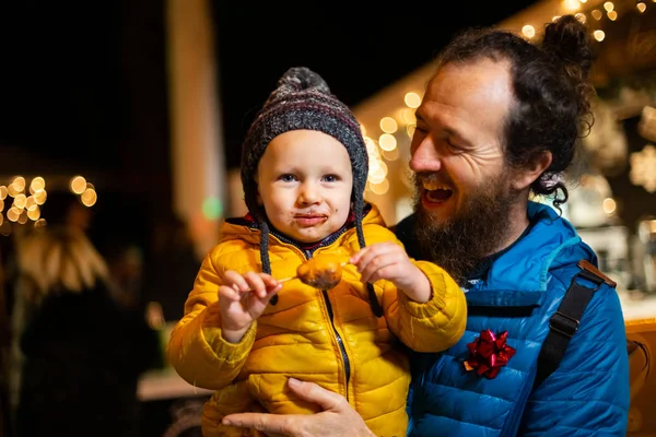 Portrait Father Holding Son Christmas Market Zagreb Croatia — Stock Photo, Image