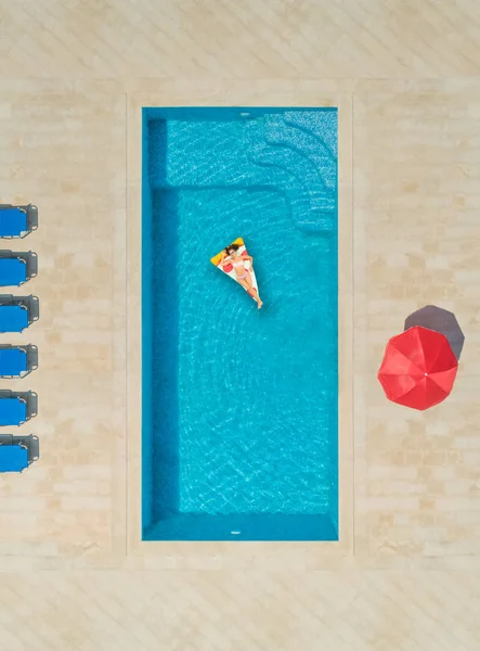 Aerial View Woman Inflatable Pizza Mattress Swimming Pool — Stock Photo, Image