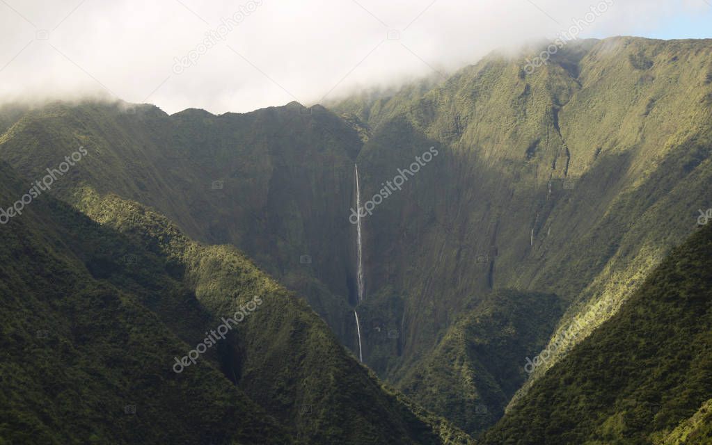 A View of Honokohau Falls, Maui's Tallest Waterfall at 1100 Feet, Featured in the Movie Jurassic Park, Inaccessible to All But Helicopters