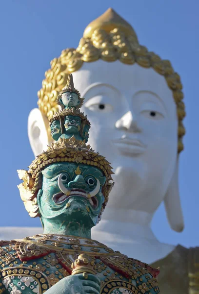 A Warrior and Buddha, Wat Phra That Doi Kham Temple, Chiang Mai, — Stock Photo, Image