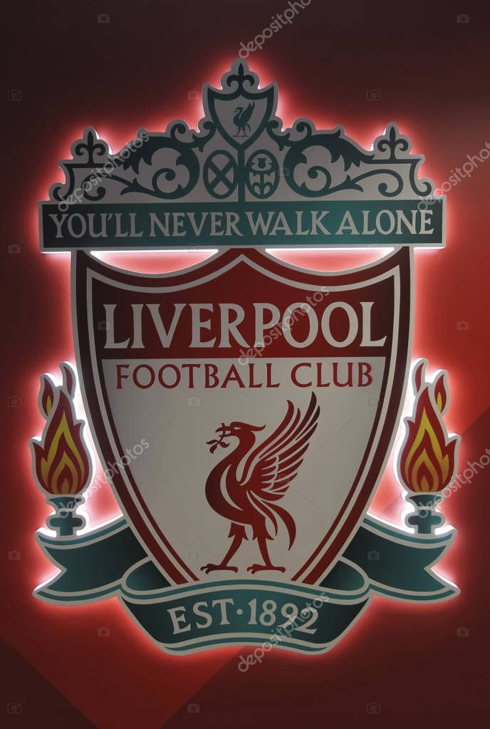 LIVERPOOL, ENGLAND, JUNE 9. Anfield Football Stadium on June 9, 2019, in Liverpool, England. A Logo Placard at Anfield Football Stadium, home to the Liverpool Football Club in Merseyside, England, Great Britain, United Kingdom.