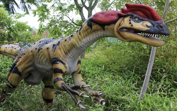 Un primer plano de un dinosaurio Dilophosaurus con cresta, zoológico de Chester, Che —  Fotos de Stock