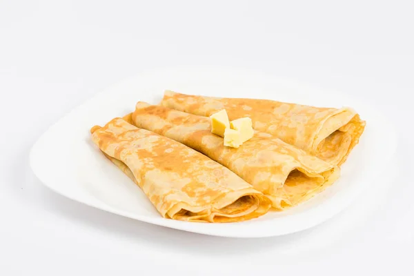 Pannkakor Med Smör Isolerat Vitt — Stockfoto