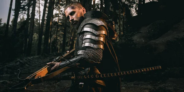 Mystery Scarface Knight Armor Sword Crossbow Forest — Stock Photo, Image