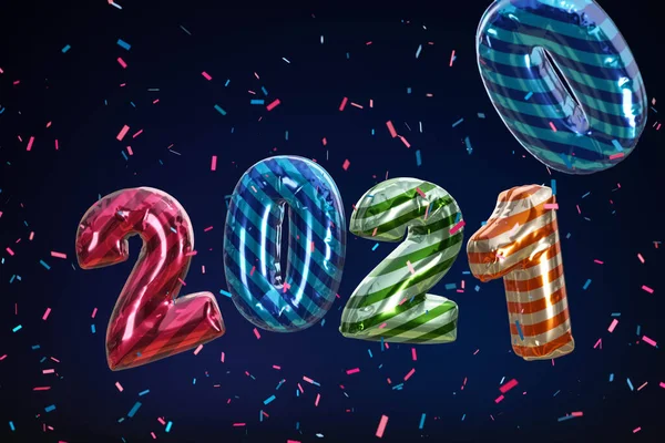 2021年新年快乐 假日3D派对标志图上的宝龙金属色彩编号2020 节日海报或横幅设计 — 图库照片