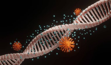 Covid-19 koronavirüs, bakteriler, virüsler, sporlar, parçacıklar ve tozun DNA arka planı.