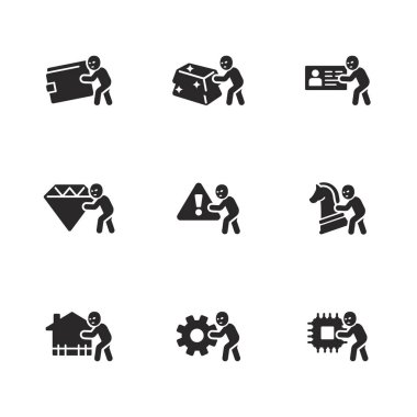 Hırsız simgesi seti cüzdan, altın, kimlik, çip ve değerli eşyalar gibi çeşitli suçları gösterir.