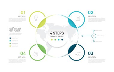 Venn diyagramı iş bilgi grafiği dünya çember şablonu şablonu 4 adım seçenekleri, venn diyagramı elemanları vektör çizimi sunumu.