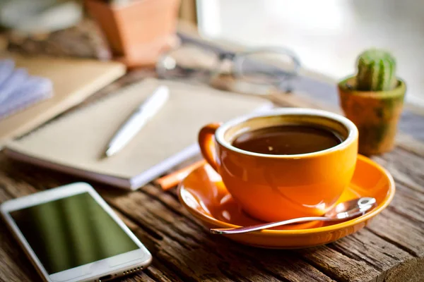 Coffe Cup Hot Laptop Notebook Pen Wooden Table — Stock Photo, Image