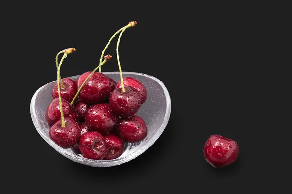 Washed Sweet Cherries Black Background Prunus Avium Close Yummy Fresh — Stock Photo, Image