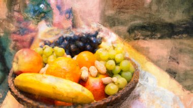 Bir sepet meyve. Sanatsal natürmort. Renkli meyve sulu elma, muz, portakal, üzüm ve fıstık kazık. Arka plan desen, resim efekt ve gerçeküstü şenlikli ruh.