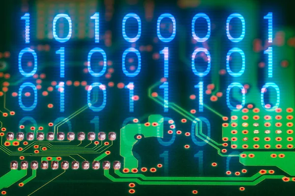 Binary code. Printed circuit board back side. Digital electronic background — Stock Photo, Image