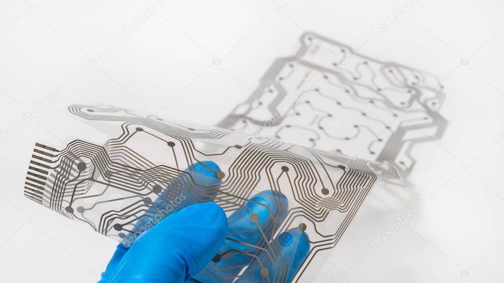 Flex printed circuit board. Hand in blue glove. White background