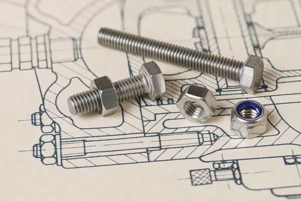 Металеві болти. Горіхові групи. Малюнок. Технічне складання. Сталеві гвинти — стокове фото