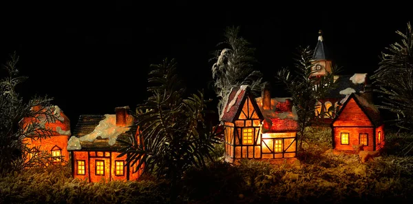 Панорама Мініатюрної Сільської Місцевості Різдва Освітленими Крихітними Керамічними Будинками Реалістична Ліцензійні Стокові Зображення